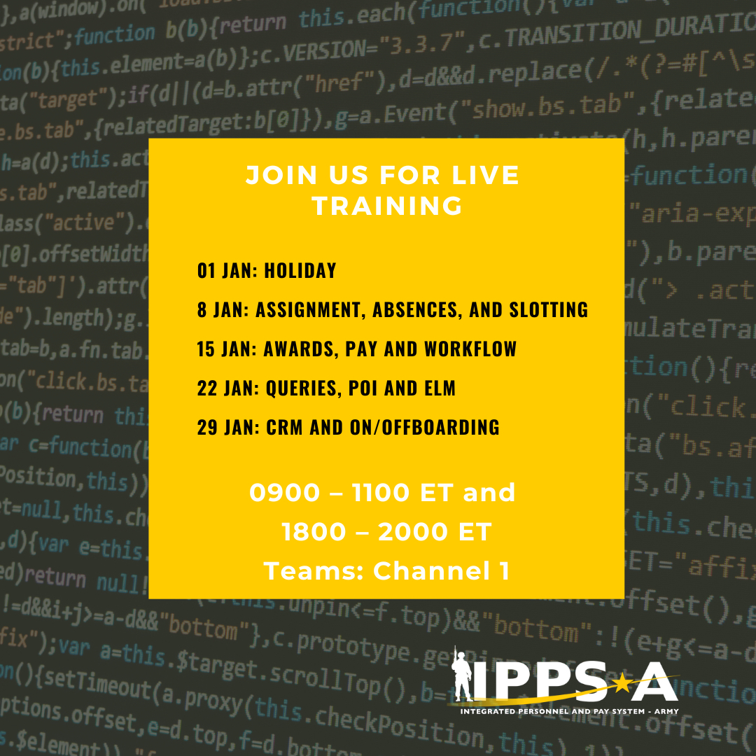 Join us for live training! This month’s topics include: Assignments, Absences, Slotting, Awards, Pay, Workflow, Queries, POI, ELM, CRM and On/Offboarding & more  @ 0900 – 1100 ET and 1800 – 2000 ET Teams: Channel 1